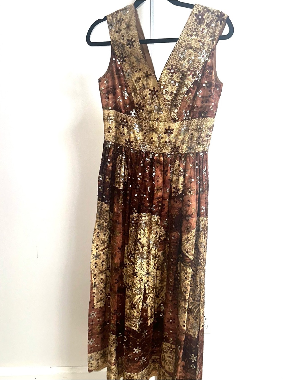 Vintage 1970s sequin batik print Gold and Brown V-Neck Maxi Dress